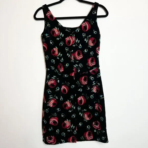 Esprit Vintage Black Velvet Floral Dress Pink Blue Roses Sz 5/6 - Picture 5 of 15